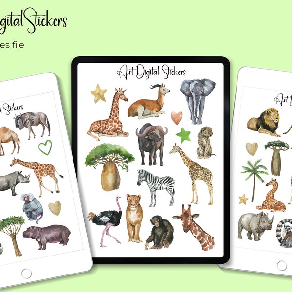 Watercolor African Animals Digital Stickers, School Stickers, Planner Stickers, GoodNotes stickers, Animals Digital Stickers