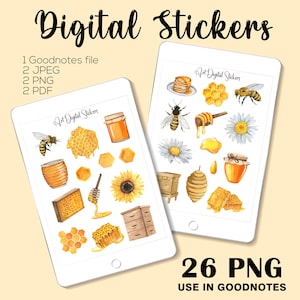 Watercolor Honey Bee Digital Stickers: GoodNotes Planner Decorations (PNG, PDF, JPEG Downloadable Files)