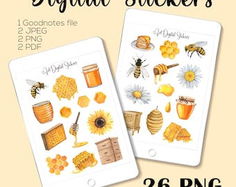Watercolor Honey Bee Digital Stickers: GoodNotes Planner Decorations (PNG, PDF, JPEG Downloadable Files)