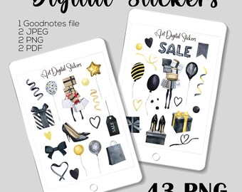 Black Friday Watercolor Stickers: Shopping Girl, Gifts (Digital Download)