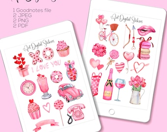Watercolor Valentines Day Stickers: Romantic Love Planner Stickers (Digital Download)