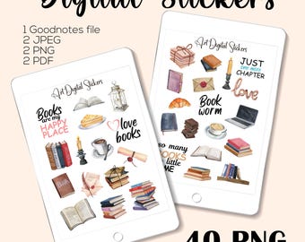 Watercolor Book Lover Stickers: Digital Planner, GoodNotes PNG (Digital Download)