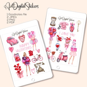 Watercolor Valentines Day Stickers: Romantic Girls, Hearts (Digital Download)