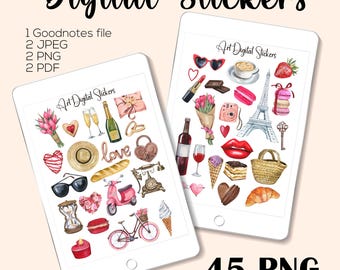 Paris Travel Stickers: Watercolor Planner Decorations (Digital Download, GoodNotes Format, 45 PNGs)