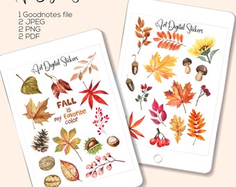 Watercolor Fall Leaves Digital Stickers: GoodNotes Planner (PNG, PDF, JPEG)