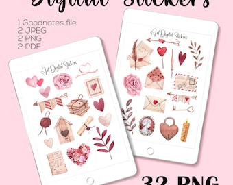 Romantic Watercolor Digital Stickers: Love Letters, Hearts (GoodNotes, PNG, PDF, JPEG Downloadable Files)