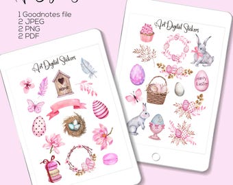 Watercolor Easter Stickers: Bunnies, Eggs, Wreath (GoodNotes, PNG, PDF, JPEG)