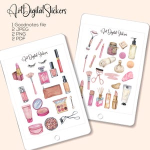 May include: Two digital tablets showcasing watercolour illustrations of beauty products and accessories. The tablets feature items like lipstick, perfume, makeup brushes, and eye makeup. The text "Art Digital Stickers" is at the top of each tablet.