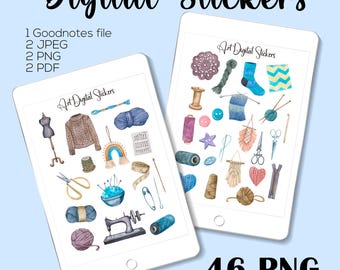 Watercolor Sewing & Knitting Stickers: Hobby Planner Set (Digital Download, PNG, GoodNotes Files)