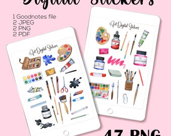 Watercolor Art Digital Planner Stickers: School & Teacher Goodnotes (PNG Download)