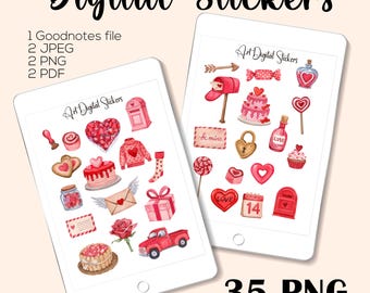 Watercolor Valentines Day Stickers, Romantic Love Planner Stickers: cakes, Valentines Post, love letters, red car, love poison