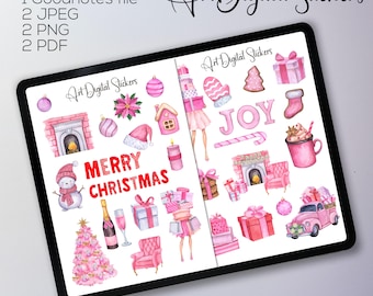 Pink Christmas Stickers: Watercolor Planner Stickers (Digital Download)