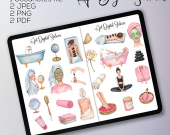Digital Spa Day Stickers Self Care Stickers, GoodNotes stickers, Spa Woman Planner stickers Beauty Stickers Watercolor Stickers Fashion