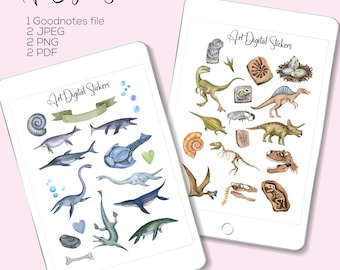 Watercolor Dinosaur Digital Stickers: GoodNotes Planner Stickers (PNG, PDF, JPEG)