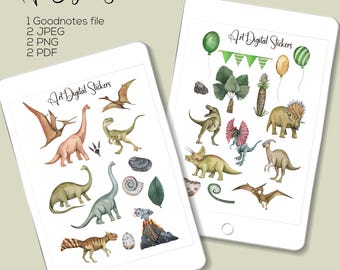 Watercolor Dinosaurs GoodNotes Digital Stickers, School Stickers, Planner Stickers, Dino stickers, Animals Digital Stickers Kids Dino