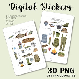 Watercolor Camping Stickers: Fishing & Hiking Theme (Digital Download, PNG/PDF/GoodNotes Files