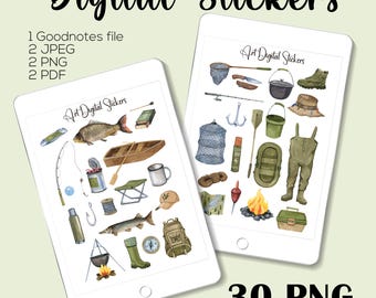 Watercolor Camping Stickers: Fishing & Hiking Theme (Digital Download, PNG/PDF/GoodNotes Files