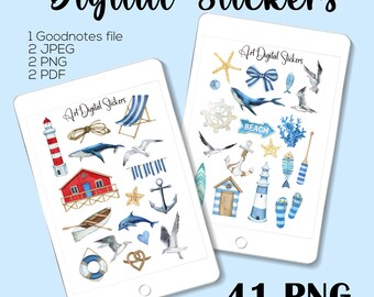 Watercolor Marine Travel Stickers: Coastal Beach Planner, GoodNotes (Digital Download)