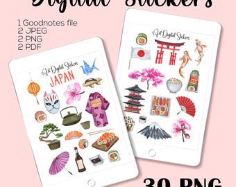 Pegatinas de viajes de Japón en acuarela: GoodNotes Planner (descarga digital, 30 PNG + archivo GoodNotes