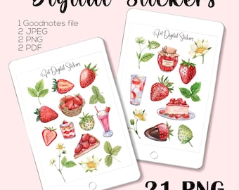 Watercolor Strawberry Digital Stickers: GoodNotes Planner, Summer Fruits (Digital Download, PNG, PDF, JPEG Files)