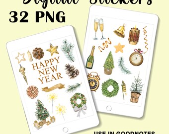 Digital New Year Stickers, Watercolor PNG, Christmas tree, gifts,  Hand Painted Gold Christmas, New Years Eve champagne glass