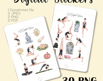 Yoga Digital Stickers: Lotus, Buddha, Poses for GoodNotes (PNG, PDF, JPEG Download)