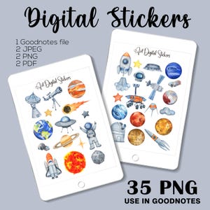 Watercolor Space Stickers: Solar System, Planets, Astronaut (Digital Download, PNG, GoodNotes File)