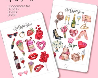 Romantic Watercolor Love Stickers: Digital Planner, GoodNotes (PNG, PDF, JPEG Download