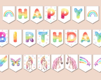 Unicorn Birthday Banner, Birthday Decorations, Unicorn Birthday garland, Flags, PDF, Digital Download, Happy Birthday Banner Girl