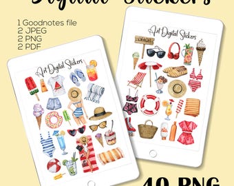 Watercolor Summer Beach Stickers: Planner & Journal (Digital Download, PNG, GoodNotes File)