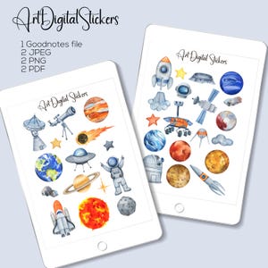 Aquarel ruimte digitale stickers, Goodnotes-stickers plannerstickers, schoolprojectplanner, ruimtestickers leraar, dagboekstickers