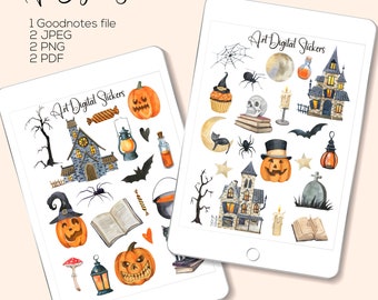 Watercolor Halloween Stickers: Witch, Pumpkin, Haunted House (Digital Download)