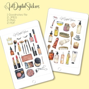 May include: Two digital sticker sheets featuring watercolour illustrations of beauty and spa items. The first sheet shows makeup brushes, lipstick, eyeshadow palettes, and other makeup items. The second sheet shows bath bombs, essential oils, and other spa items. The text "Art Digital Stickers" appears on both sheets.