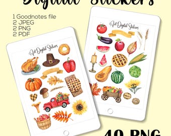 Fall Thanksgiving Digital Stickers: Watercolor Autumn Clipart (PNG, GoodNotes File)