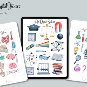 May include: Three digital sticker sheets with watercolor illustrations. The first sheet features human anatomy illustrations, including the heart, lungs, brain, and stomach. The second sheet features science-themed illustrations, including a scale, a magnet, a prism, and a graduated cylinder. The third sheet features chemistry-themed illustrations, including beakers, a microscope, and a test tube.