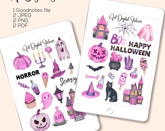 Pink Halloween Stickers: Watercolor Witch, Pumpkin, Ghost (Digital Download)