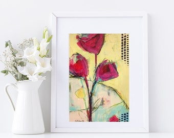 Small original flower painting. Pink Tulips. Housewarming or birthday gift idea. Floral wall art.