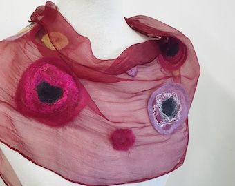 Silk Fashion Scarf - Nuno Felt - gift idea for mum - Hand Made - Magenta and Silver Grey