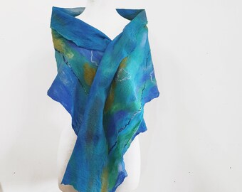 Blue wool felt scarf - Handcrafted Silk and wool scarf