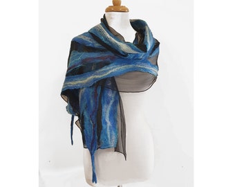 Large Silk and Wool Nuno Felt Scarf - Blue Silk Scarf - Lightweight - special gift idea