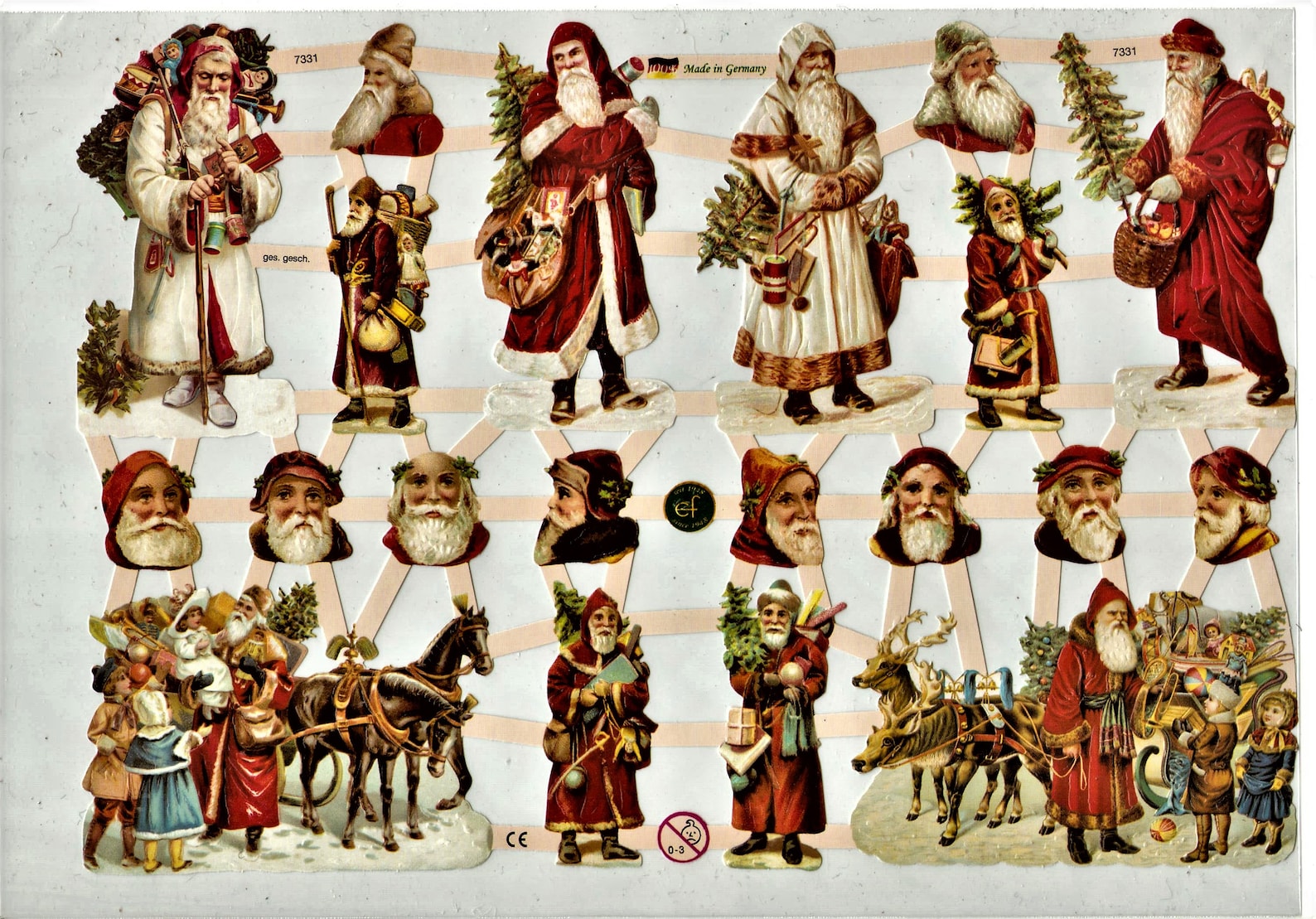 Glanzbilder 7331 ef 6 standing Santa Clauses, 10 Santa Claus heads and 2 Santa Clauses with sleigh (published 2010)