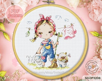 Cross Stitch Pattern,Cute Girl Modern Instant pdf Download Counted Chart,SO-OP3208 &#39;Clean Day&#39;