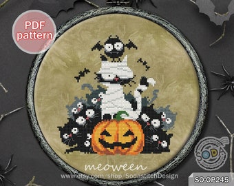 Modèle de point de croix pdf Halloween drôle chats mignons Kitty chaton citrouille saison moderne automne automne, SO-OP245 'Meoween'