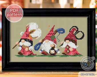 Cross Stitch patroon pdf Gnome Fairy Elf Pixie grappig schattig modern voor beginners geteld downloaden, SO-OP261 'Cross Stitch Supplies Delivery'