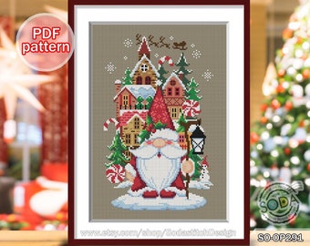 Modèle de point de croix de Noël pdf Santa Quilt Winter Tree Counted Instant PDF Download, SO-OP291 'Santa Village'