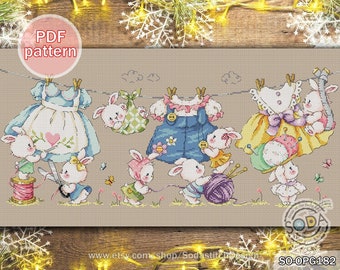 May include: Cross stitch pattern featuring a line of adorable bunnies dressed in clothes hanging on a clothesline. The bunnies are holding sewing tools and there are various sewing supplies scattered around them. The pattern is titled "SO-OPG182".