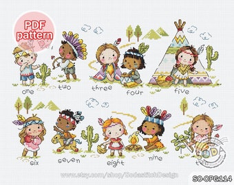 Cross Stitch Pattern pdf Cute Kids Indians Modern Instant pdf Download Counted,SO-OPG114 'Ten Little Indians'