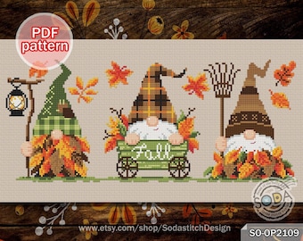 Cross Stitch Pattern pdf Gnome Autumn Fall Elf Fairy Easy Funny Modern for Beginner Download Counted Chart,SO-OP2109 'Leaves Collector'