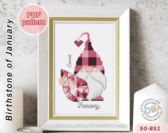 Cross Stitch Pattern pdf Garnet Jewel Gem Jewelry Jewellery Gnome, SO-BS1 'Birthstone of January'