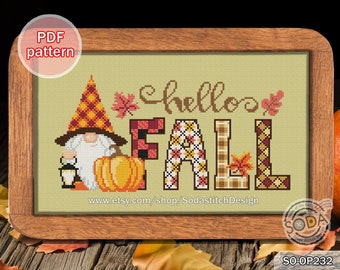 Patrón de punto de cruz en PDF: Gnomo, Hada, Elfo, Calabaza, Moderno, SO-OP232 'Hola Otoño'